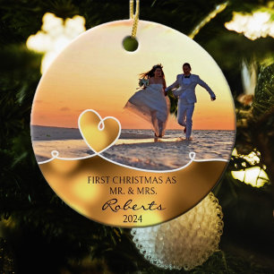 Custom Photo First Christmas as Mr. and Mrs. Ceramic Tree Decoration