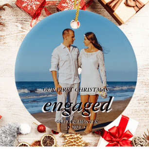 Custom Photo First Christmas Engaged Black Script Ceramic Tree Decoration