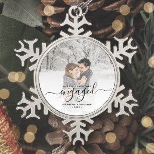 Custom Photo First Christmas Engaged Black Script Snowflake Pewter Christmas Ornament