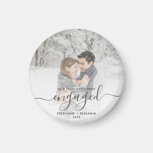 Custom Photo First Christmas Engaged Gray Script Magnet