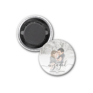 Custom Photo First Christmas Engaged Gray Script Magnet