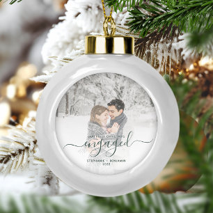 Custom Photo First Christmas Engaged Green Script Ceramic Ball Christmas Ornament