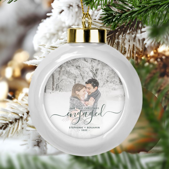 Custom Photo First Christmas Engaged Green Script Ceramic Ball Christmas Ornament (Creator Uploaded)