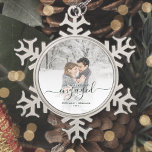 Custom Photo First Christmas Engaged Green Script Snowflake Pewter Christmas Ornament<br><div class="desc">Commemorate your engagement with this beautiful modern keepsake ornament. The green text reads "Our first Christmas engaged, " with the word "engaged" in elegant handwriting script with flourishes before and after. Replace the sample image with your favourite photo, and add your names and the year. A white gradient filter helps...</div>