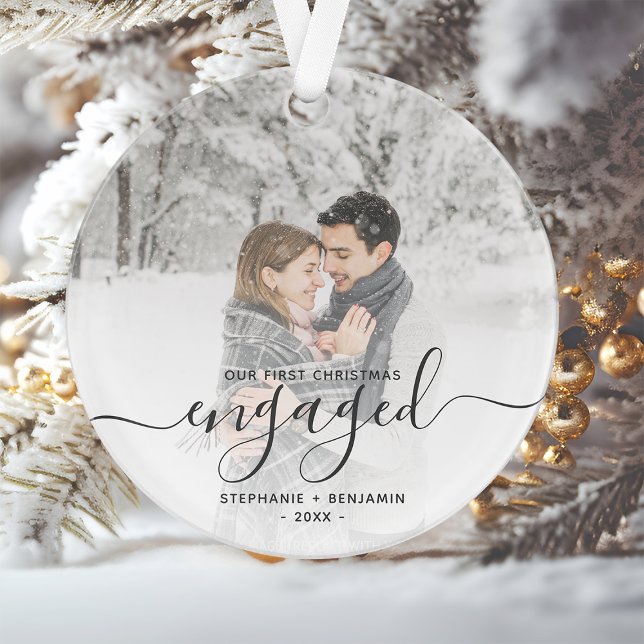 Custom Photo First Christmas Engaged Grey Script Ornament (Creator Uploaded)