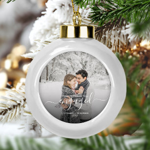 Custom Photo First Christmas Engaged White Script Ceramic Ball Christmas Ornament