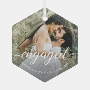 Custom Photo First Christmas Engaged White Script Glass Tree Decoration