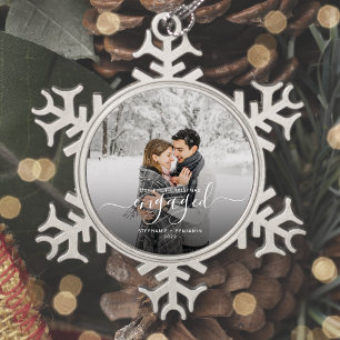 Custom Photo First Christmas Engaged White Script Snowflake Pewter Christmas Ornament