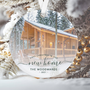 Custom Photo First Christmas New Home Green Script Ornament