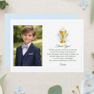 Custom Photo First Holy Communion Blue Thank You Card