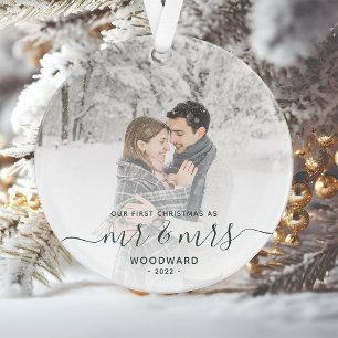 Custom Photo First Married Christmas Green Script Ornament