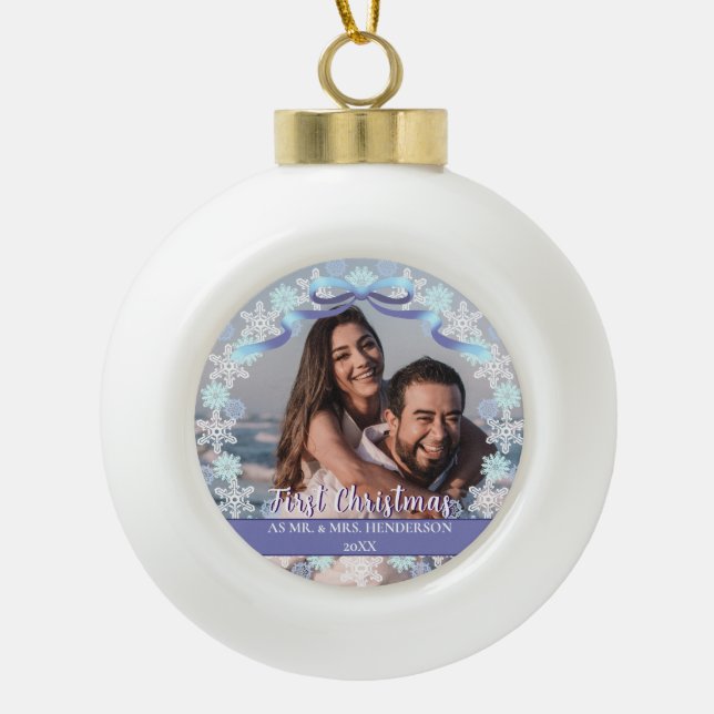Custom Photo First Married Christmas Purple Tone Ceramic Ball Christmas Ornament (Front)