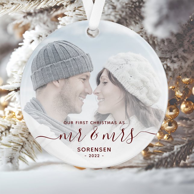 Custom Photo First Married Christmas Red Script Ornament (Creator Uploaded)