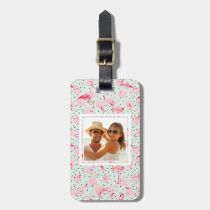 Custom Photo Flamingo Feathers On Polka Dots Luggage Tag
