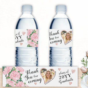 Custom Photo Floral 2025 Graduation Thank You Water Bottle Label