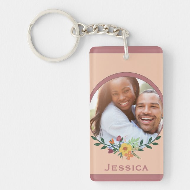 Custom Photo Floral Pink Personalised Key Ring (Front)