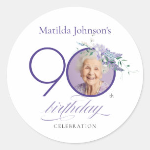 Custom Photo Floral Purple 90th Birthday Classic Round Sticker