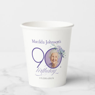 Custom Photo Floral Purple 90th Birthday Paper Cups