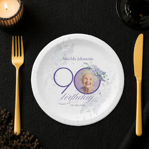 Custom Photo Floral Purple 90th Birthday Paper Plate