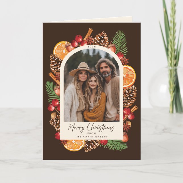 Custom Photo Folded Rustic Citrus Christmas Holiday Card (Front)