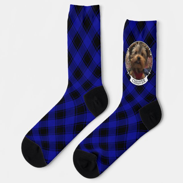 Custom Photo Frame Classic Blue and Black Plaid Socks (Left)