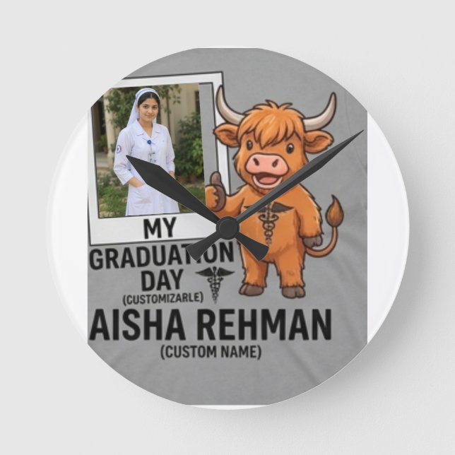 Custom Photo Frame Highland Cow Nursing Graduation Round Clock (Front)