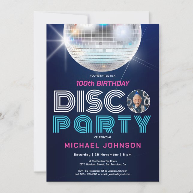 Custom Photo Fun Disco Party Retro 100th Birthday  Invitation (Front)