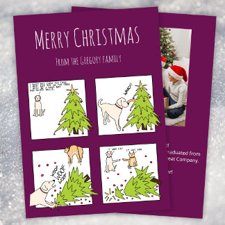 Custom Photo Funny Cat Dog Cartoon Purple Holiday Card