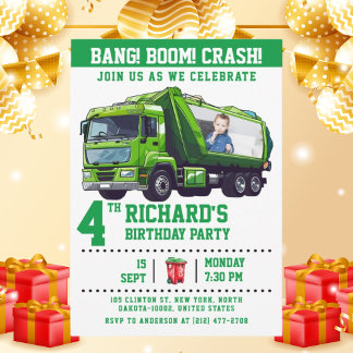 Custom Photo Garbage Truck Birthday Party Invitation