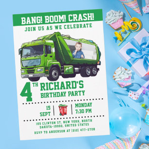 Custom Photo Garbage Truck Birthday Party Invitation