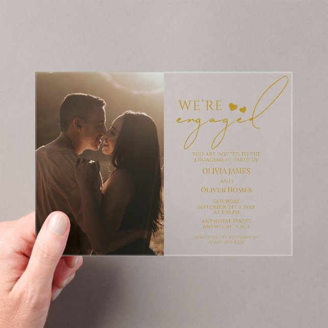 Custom photo, gold acrylic engagement party acrylic invitations (Insitu (Handheld))