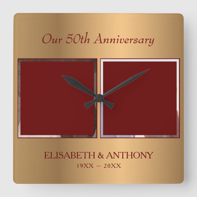 Custom Photo Gold Anniversary Square Wall Clock (Front)