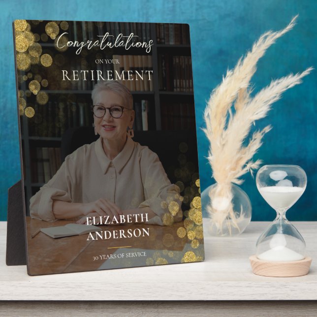 Custom Photo Gold Confetti Retirement Gift Plaque (Side)