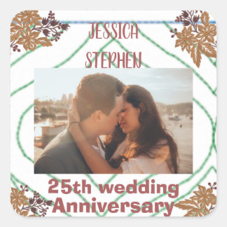 Custom photo ,gold floral 25th wedding anniversary square sticker