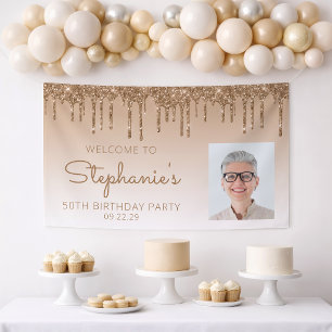 Custom Photo Gold Glitter Drip 50th Birthday Party Banner
