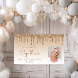 Custom Photo Gold Glitter Drip 60th Birthday Party Banner<br><div class="desc">Welcome guests with this chic, glamourous sixtieth birthday party photo banner, featuring a sparkly gold faux glitter drip border and gold ombre background. Easily replace the sample image with a photo of the guest of honour. Personalise it with her name in light brown handwriting script, with the birthday and date...</div>