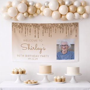 Custom Photo Gold Glitter Drip 90th Birthday Party Banner