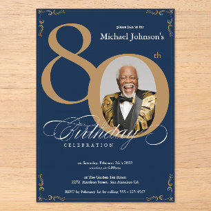 Custom Photo Gold Navy Blue 80th Birthday Party Acrylic Invitations