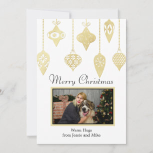 Custom Photo Gold Ornaments Flat Holiday Card