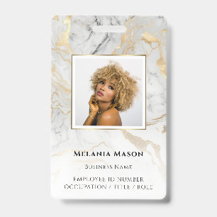 Custom Photo Gold White Marble Elegant Staff ID Badge