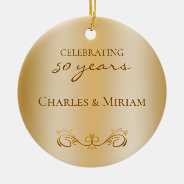 Custom Photo Golden 50th Wedding Anniversary Gift Ceramic Tree Decoration (Front)