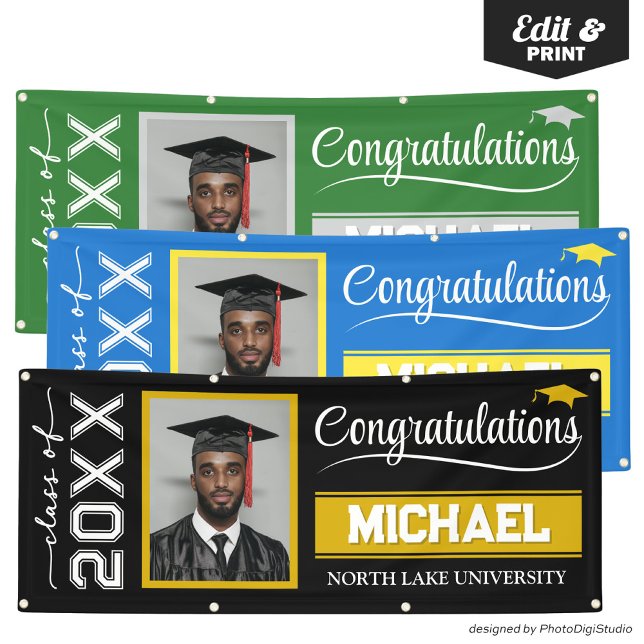 Custom Photo Graduation Banner with Name & School (2025 Editable Graduation Banner with Name & School, Black and Gold Banner Outdoor Horizontal)