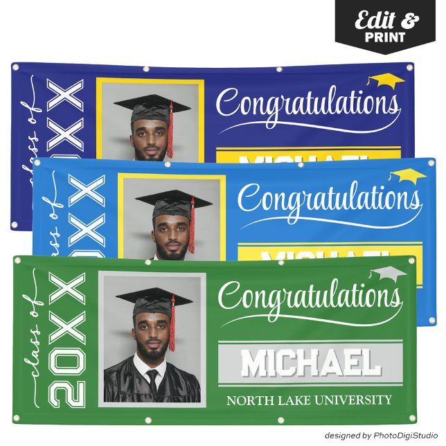 Custom Photo Graduation Banner with Name & School (2025 Editable Graduation Banner with Name & School, Green and Silver Banner Outdoor Horizontal)
