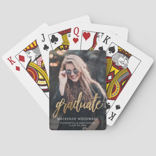 Custom Photo Graduation Gold Script Playing Cards (Back)
