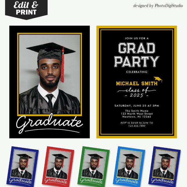 Custom Photo Graduation Invitation Card, Classic  (Custom Graduation Invitation Card | Black and Gold Classic Design for Graduation Party and Ceremony )