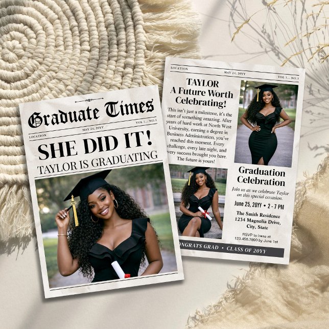 Custom Photo Graduation Invite, Grad Newspaper   Invitation (Custom Trendy Graduation Newspaper Photo Invitation)