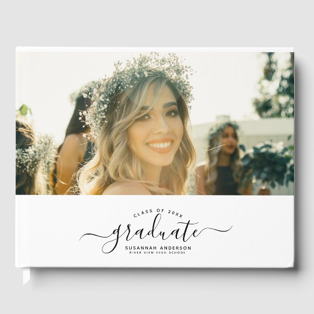 Custom Photo Graduation Modern Script Trendy Guest Book (Front)
