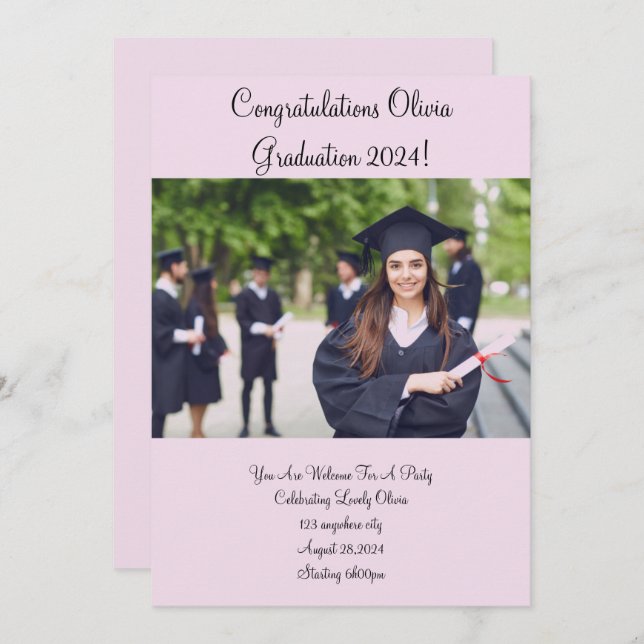 CUSTOM PHOTO GRADUATION PARTY INVITATION PINK (Front/Back)
