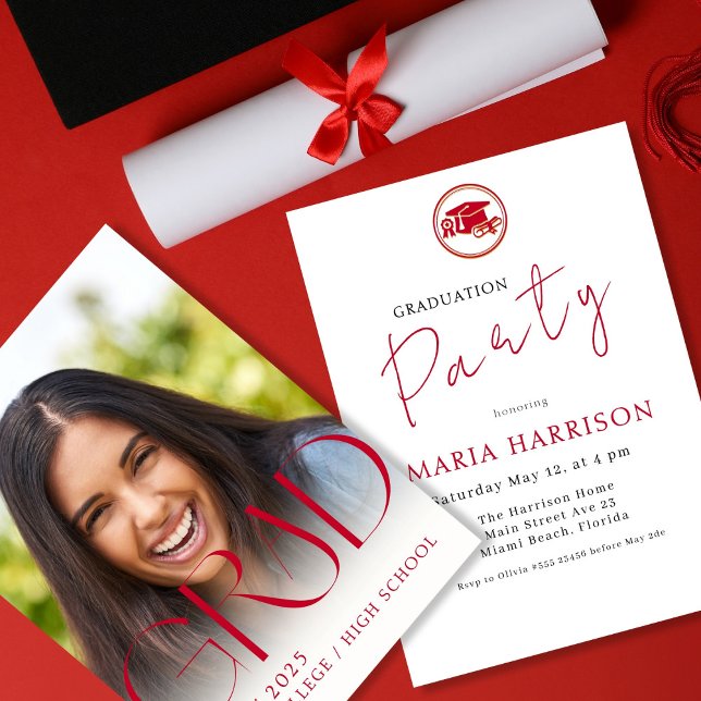 Custom Photo Graduation Red on White Invitation (Creator Uploaded)
