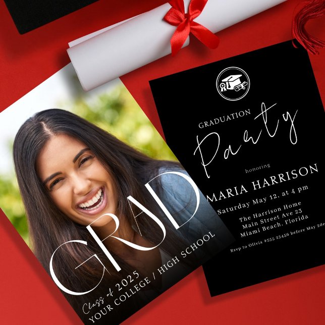 Custom Photo Graduation White on Black Invitation (Creator Uploaded)